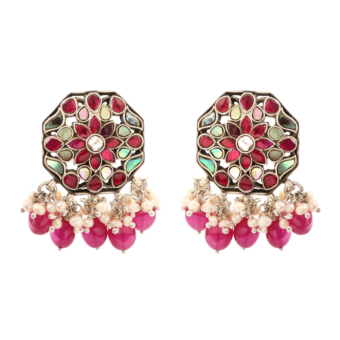 Silver Peacock White Ear Studs