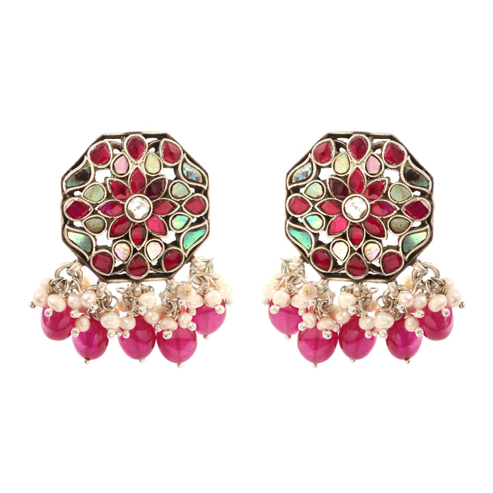 Silver Peacock White Ear Studs