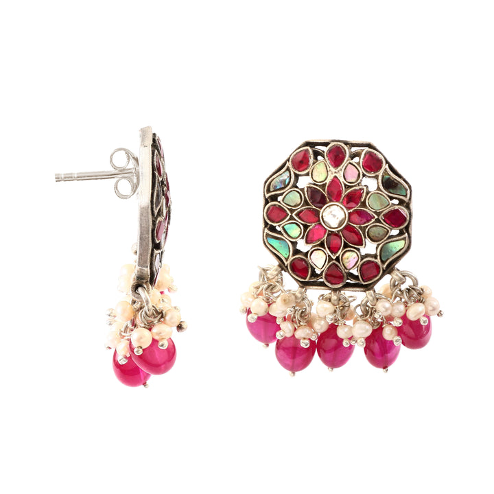 Silver Peacock White Ear Studs