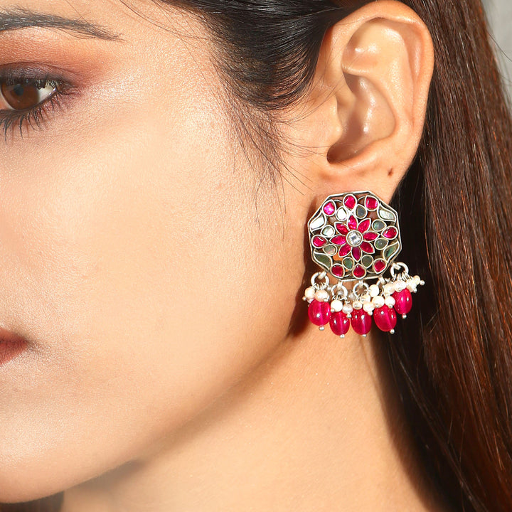 Silver Peacock White Ear Studs