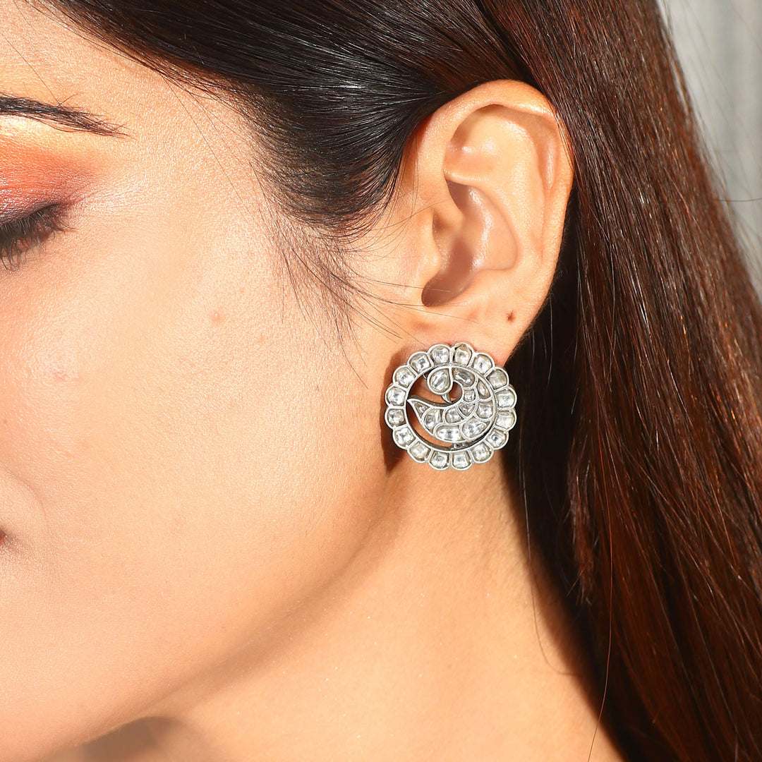Silver Peacock White Ear Studs