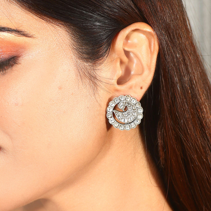 Silver Peacock White Ear Studs