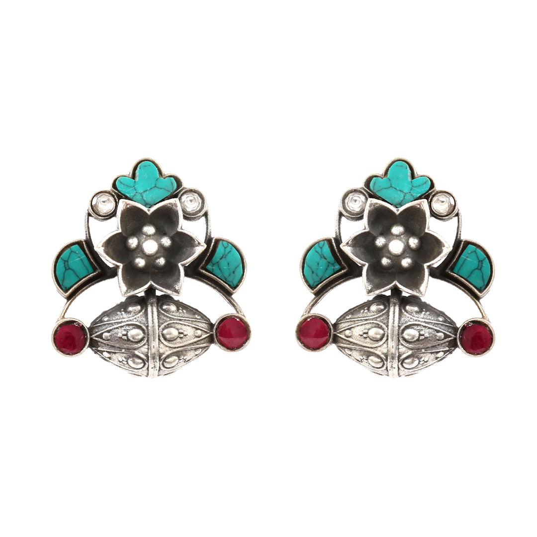 Silver Firoza-Pink Floral Ear Tops