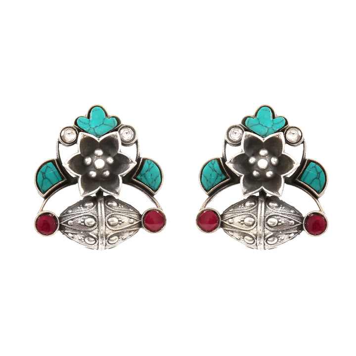 Silver Firoza-Pink Floral Ear Tops