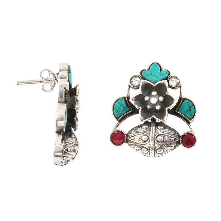 Silver Firoza-Pink Floral Ear Tops
