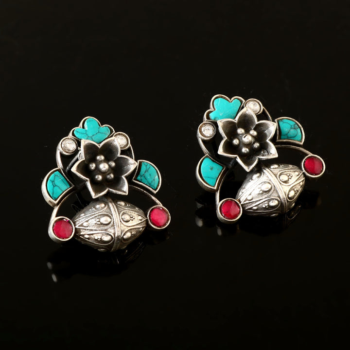 Silver Firoza-Pink Floral Ear Tops