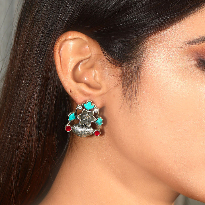 Silver Firoza-Pink Floral Ear Tops