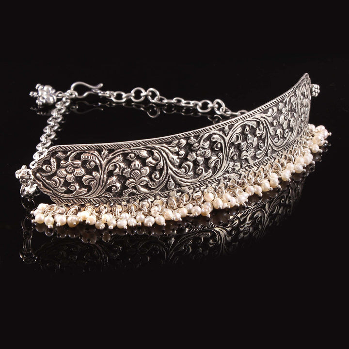 Silver Floral Statement, Choker Pearl Necklace