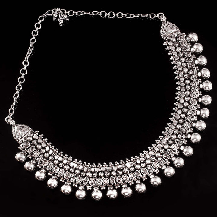 Silver Oxidized, Floral Statement Chain Necklace