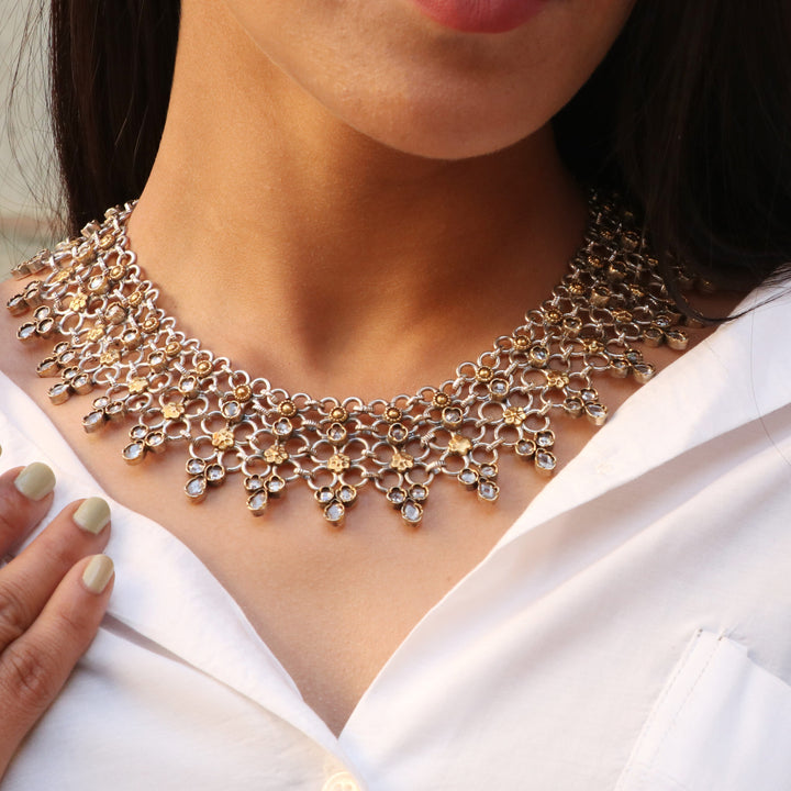 Gold Plated Silver, Floral CZ's Statement Necklace