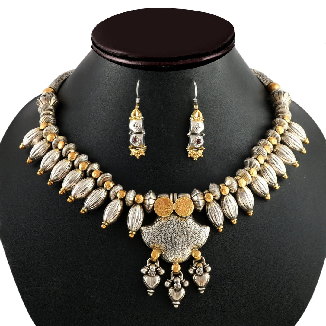 Gold Plated Silver, Statement Necklace With Earrings
