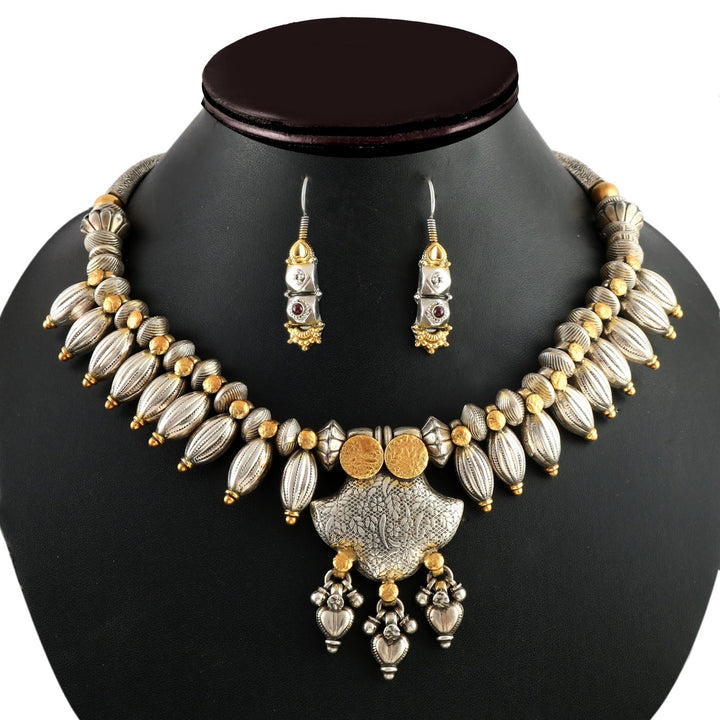 Gold Plated Silver, Statement Necklace With Earrings
