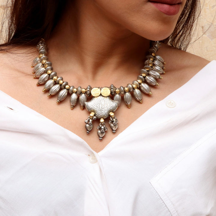 Gold Plated Silver, Statement Necklace With Earrings