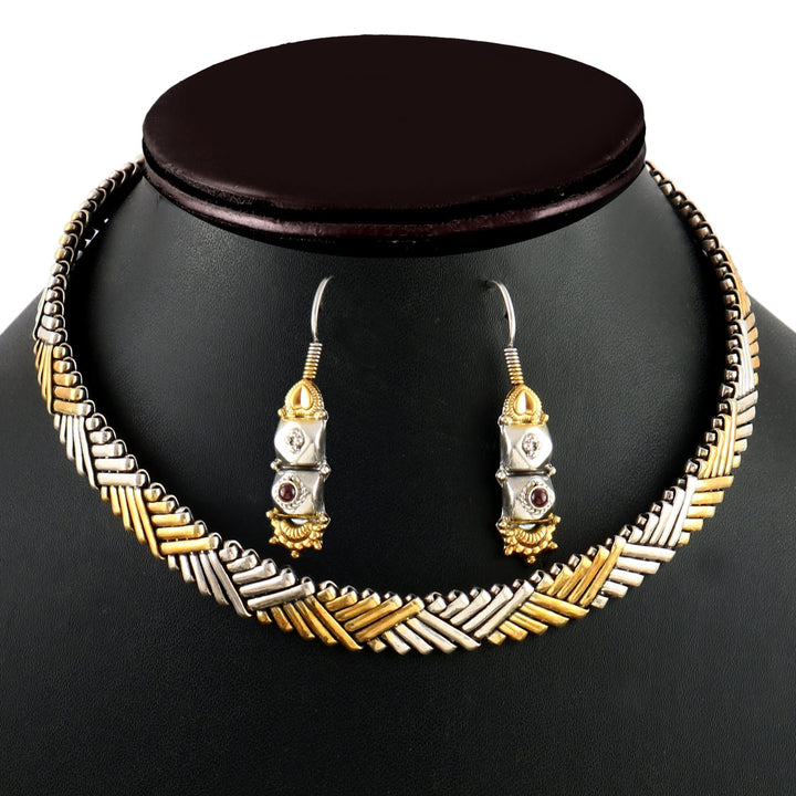 Gold Plated Silver, Dual Tone Necklace With Earrings