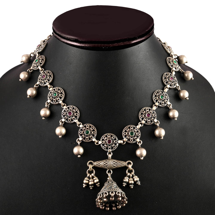 Silver Oxidized Floral Statement Necklace