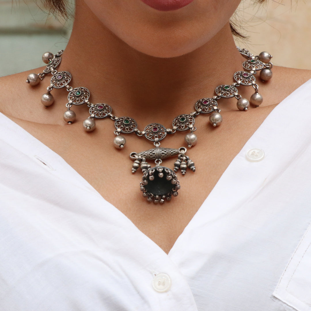 Silver Oxidized Floral Statement Necklace