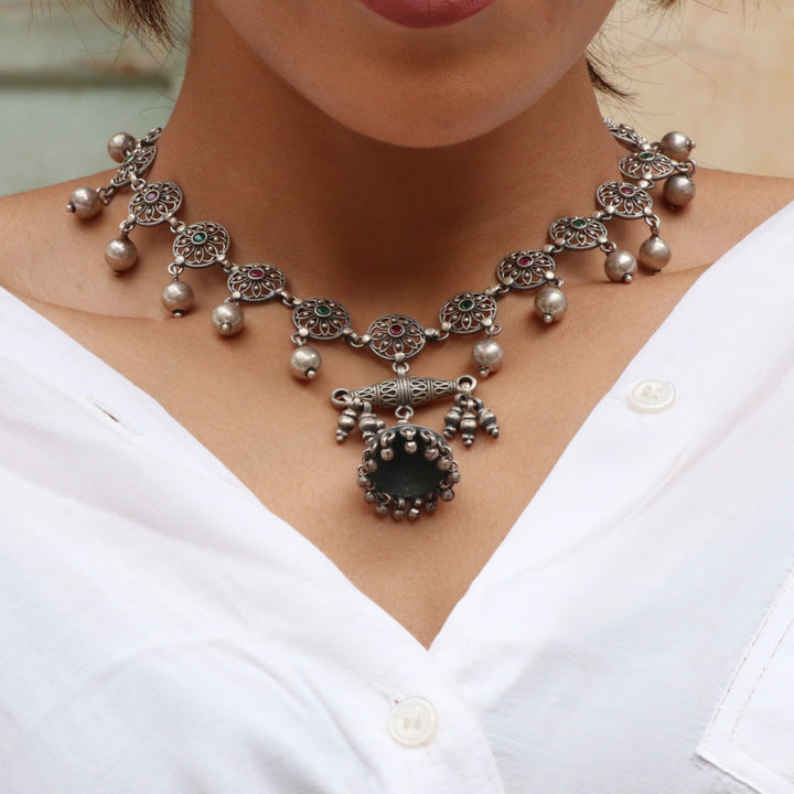 Silver Oxidized Floral Statement Necklace
