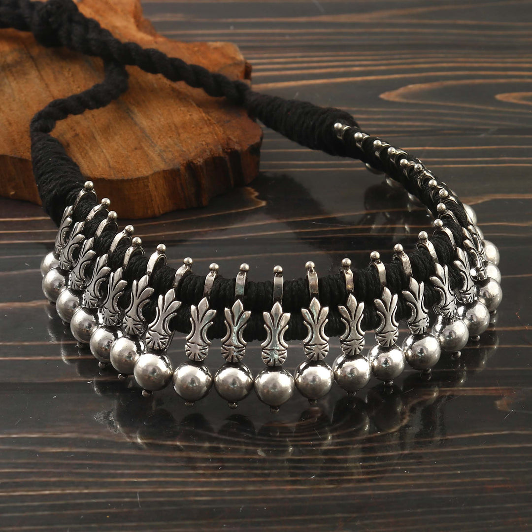 Silver Guitar Choker Necklace in Black Thread