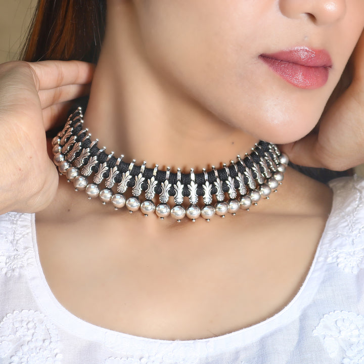 Silver Guitar Choker Necklace in Black Thread