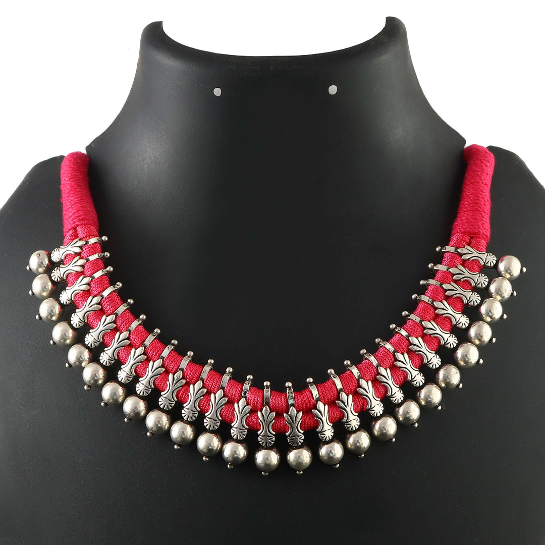 Silver Guitar Choker Necklace in Pink Thread