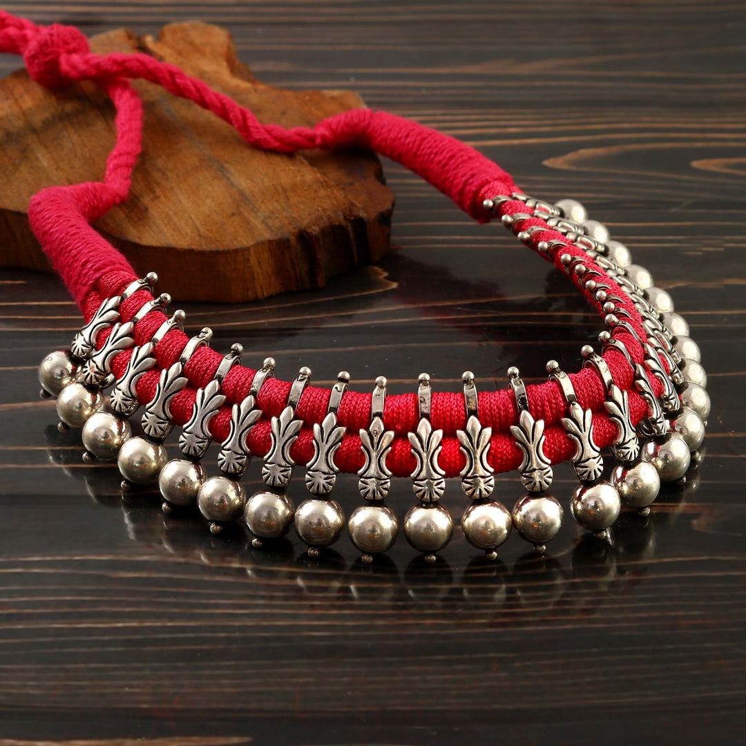 Silver Guitar Choker Necklace in Pink Thread