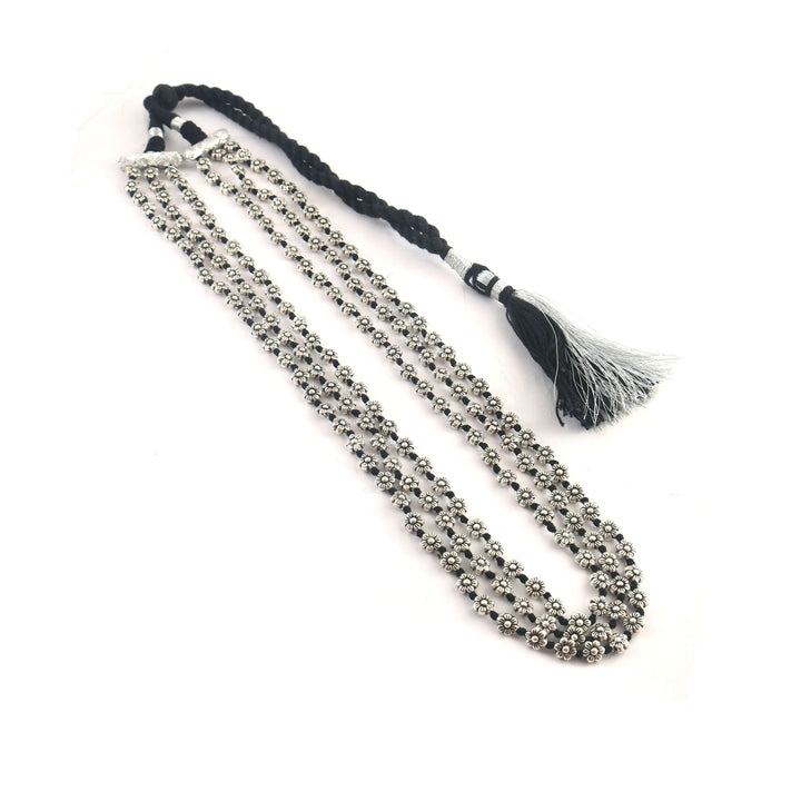 Silver Floral Oxidized Long Thread Necklace