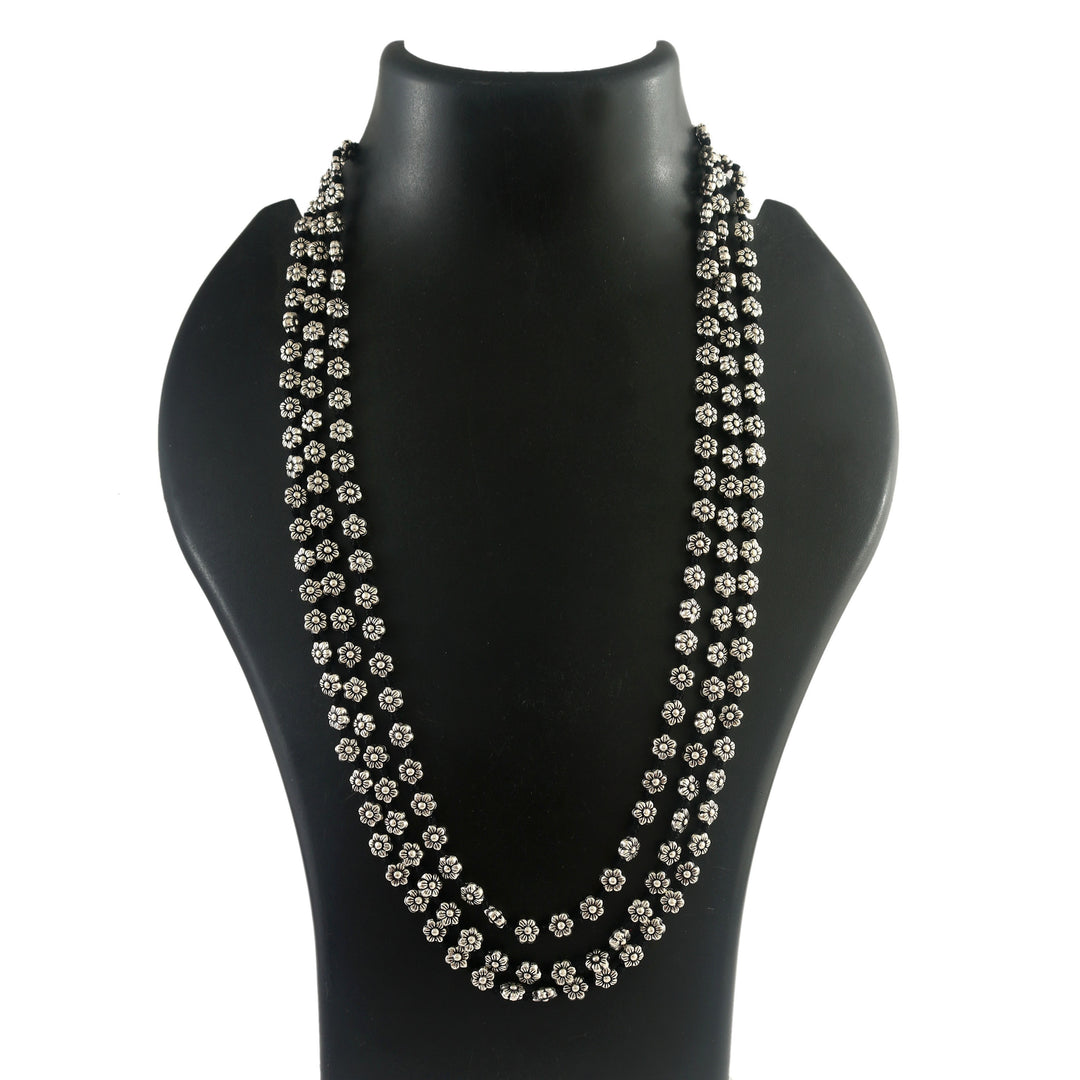 Silver Floral Oxidized Long Thread Necklace