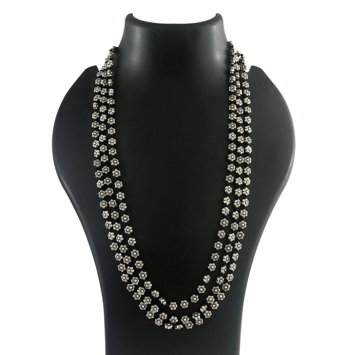 Silver Floral Oxidized Long Thread Necklace