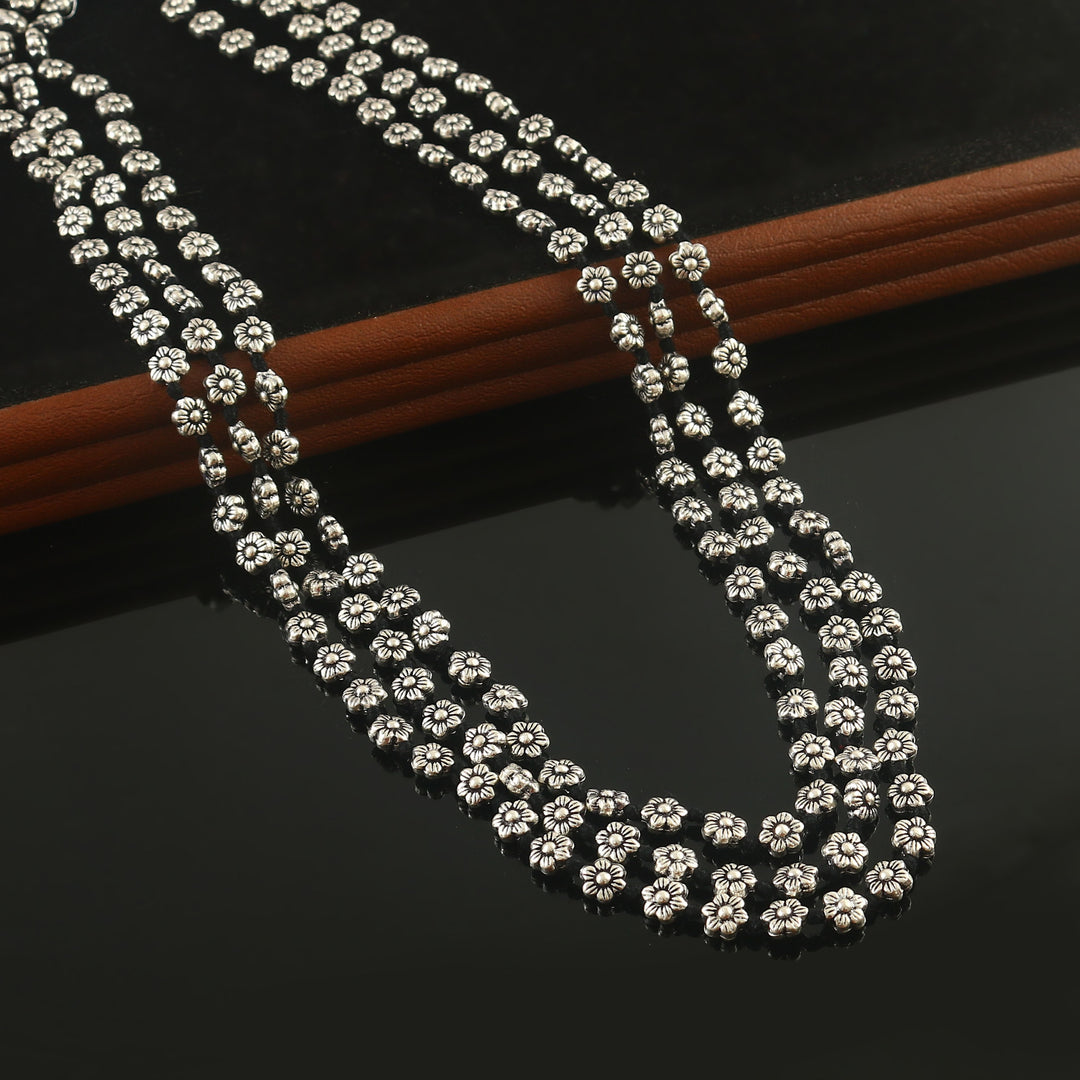 Silver Floral Oxidized Long Thread Necklace