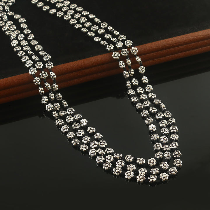 Silver Floral Oxidized Long Thread Necklace