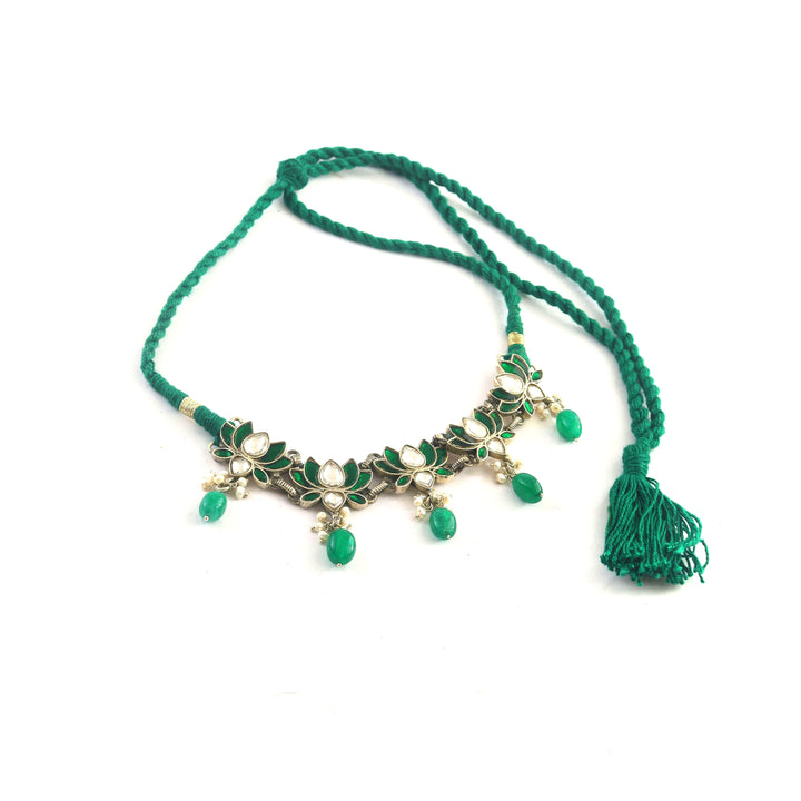 Silver Green & White Kundan Choker Necklace