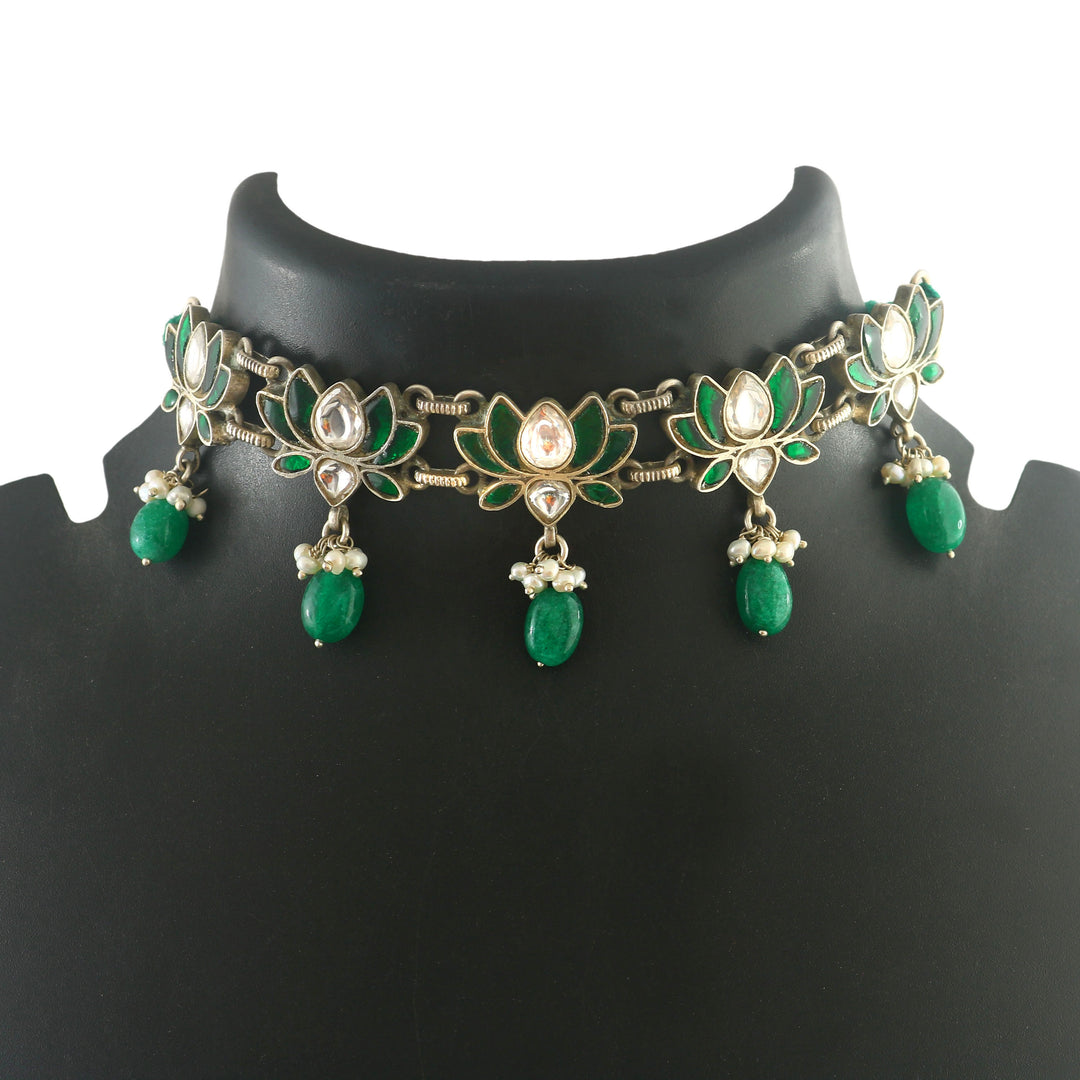 Silver Green & White Kundan Choker Necklace