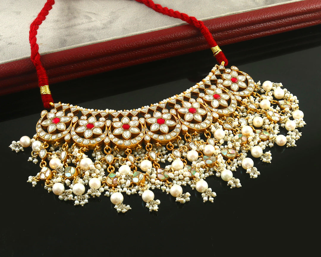 Gold-Plated Silver Floral Pink & White Kundan-Jadau Necklace