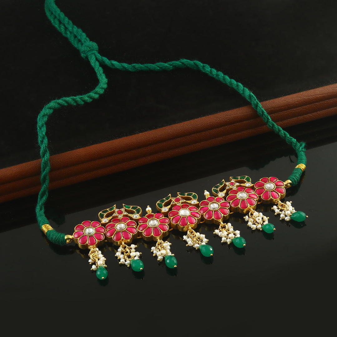 Gold Plated Silver Pink & White Kundan Choker Necklace