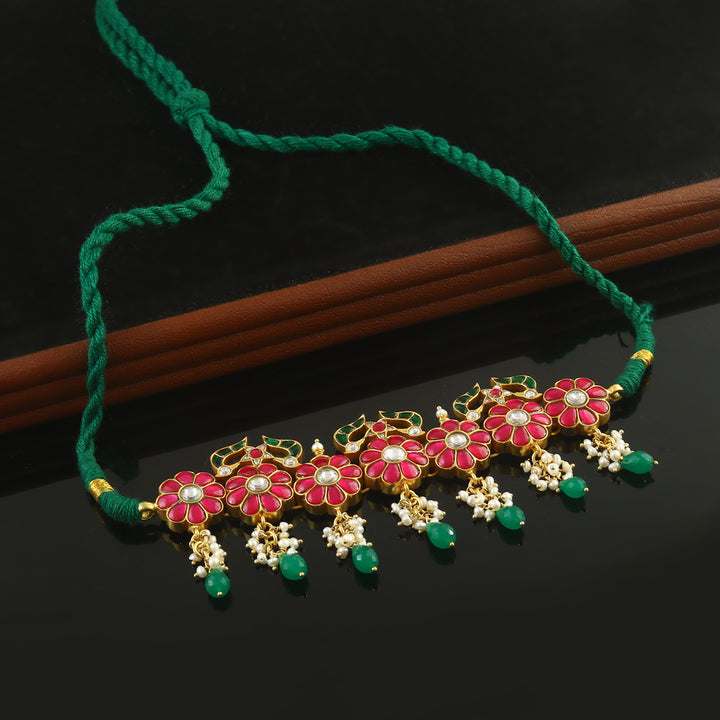 Gold Plated Silver Pink & White Kundan Choker Necklace