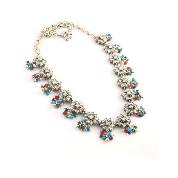 Beautiful Silver Floral Kundan White Choker Necklace