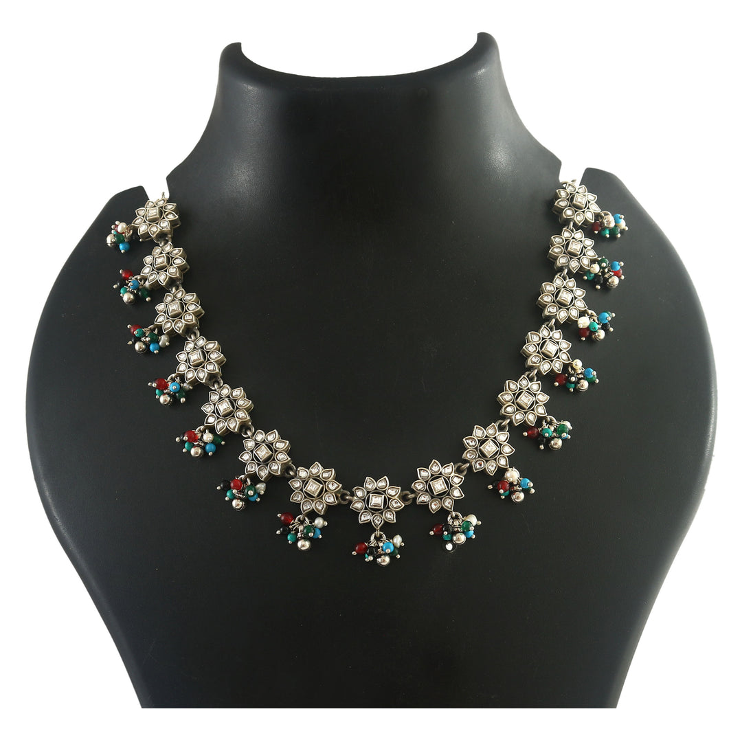 Beautiful Silver Floral Kundan White Choker Necklace