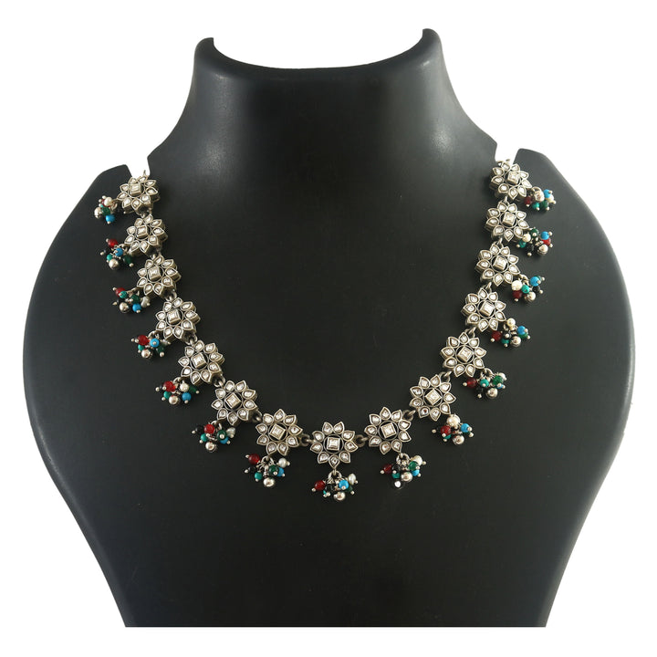 Beautiful Silver Floral Kundan White Choker Necklace