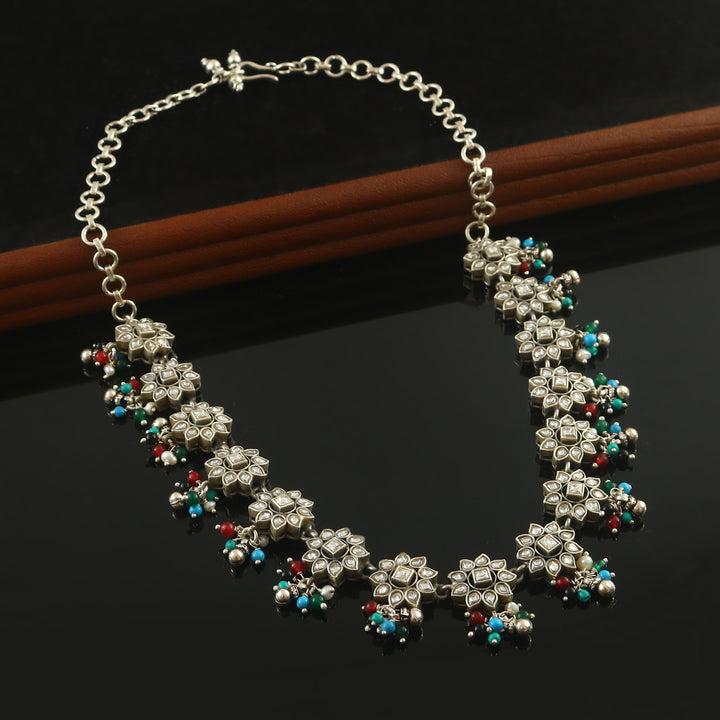 Beautiful Silver Floral Kundan White Choker Necklace