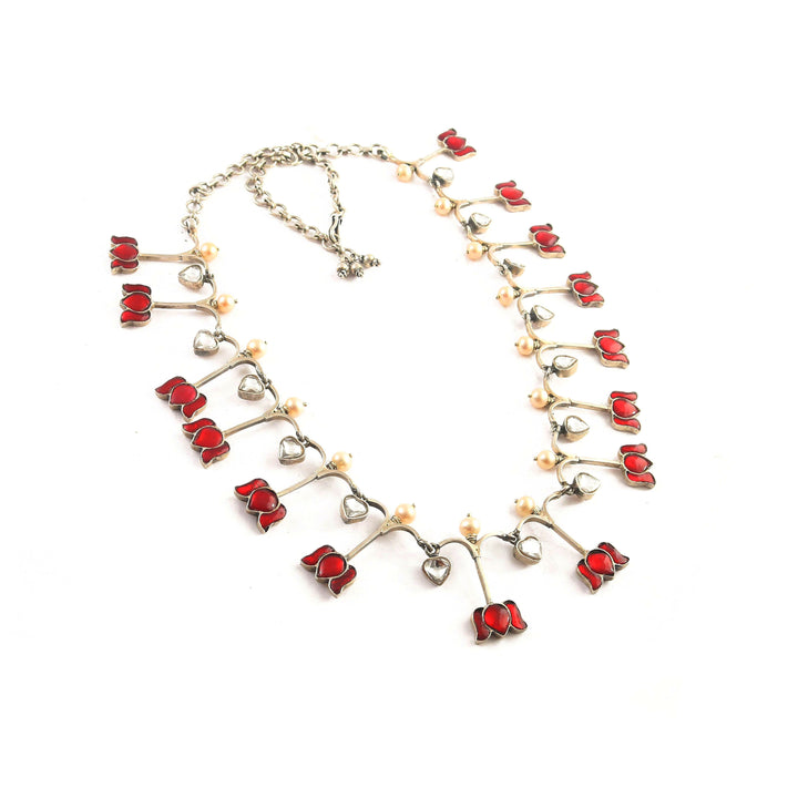 Silver Pink & White Lotus Chain Necklace