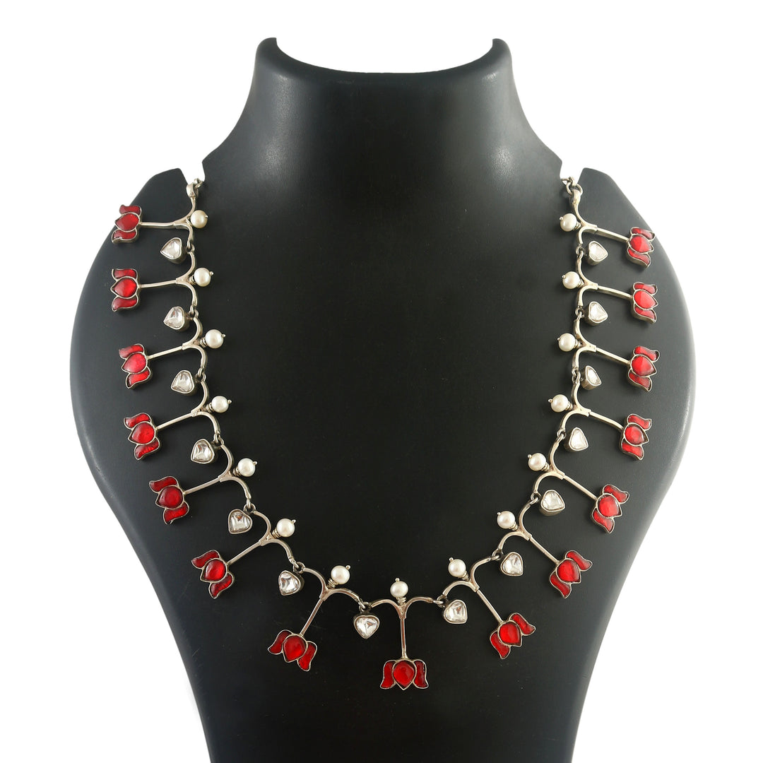 Silver Pink & White Lotus Chain Necklace