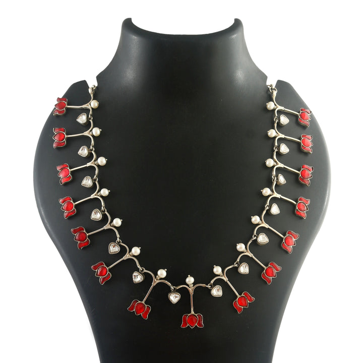 Silver Pink & White Lotus Chain Necklace