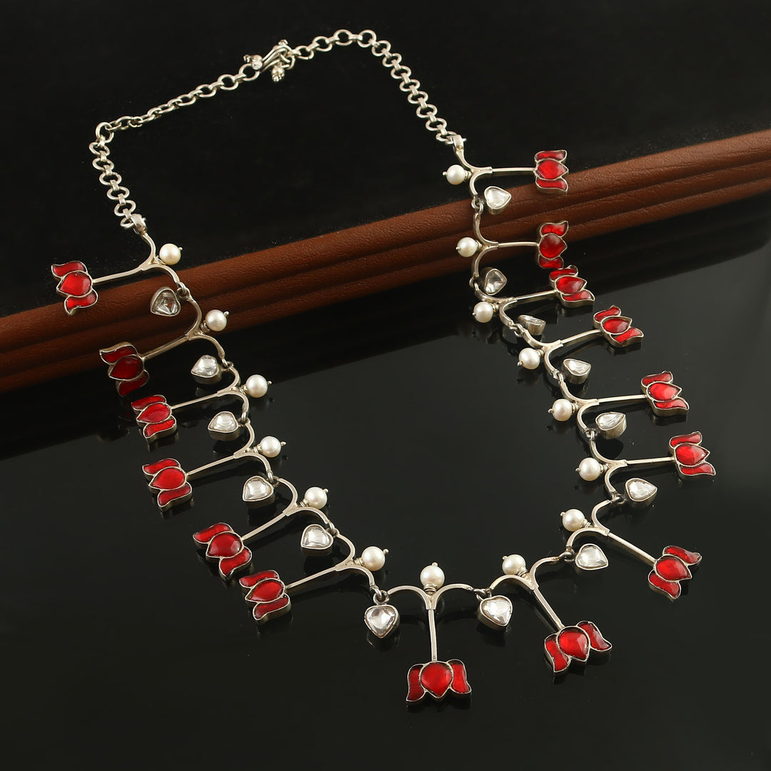 Silver Pink & White Lotus Chain Necklace