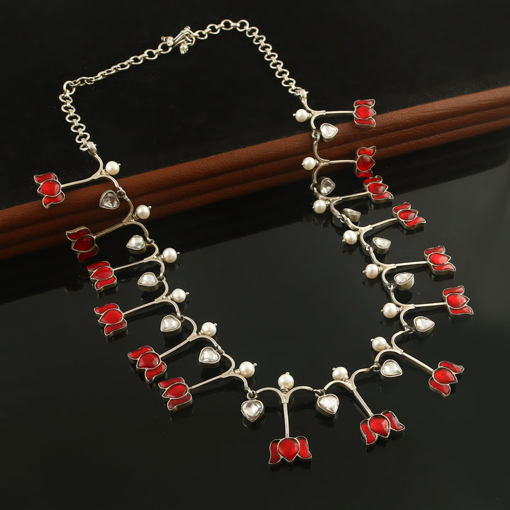 Silver Pink & White Lotus Chain Necklace