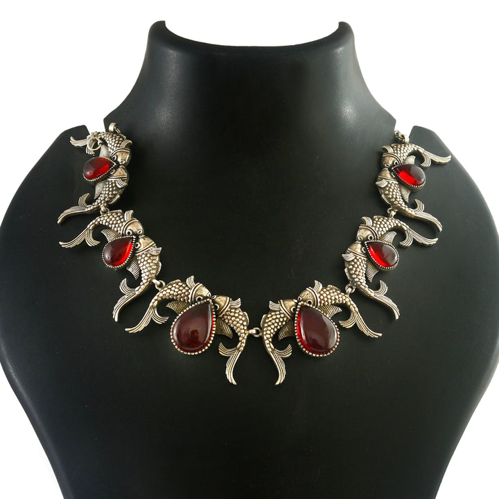 Silver Oxidized Fish Choker Necklace