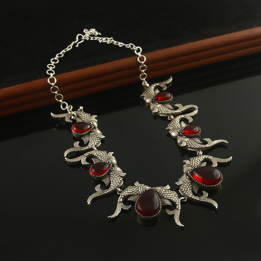 Silver Oxidized Fish Choker Necklace