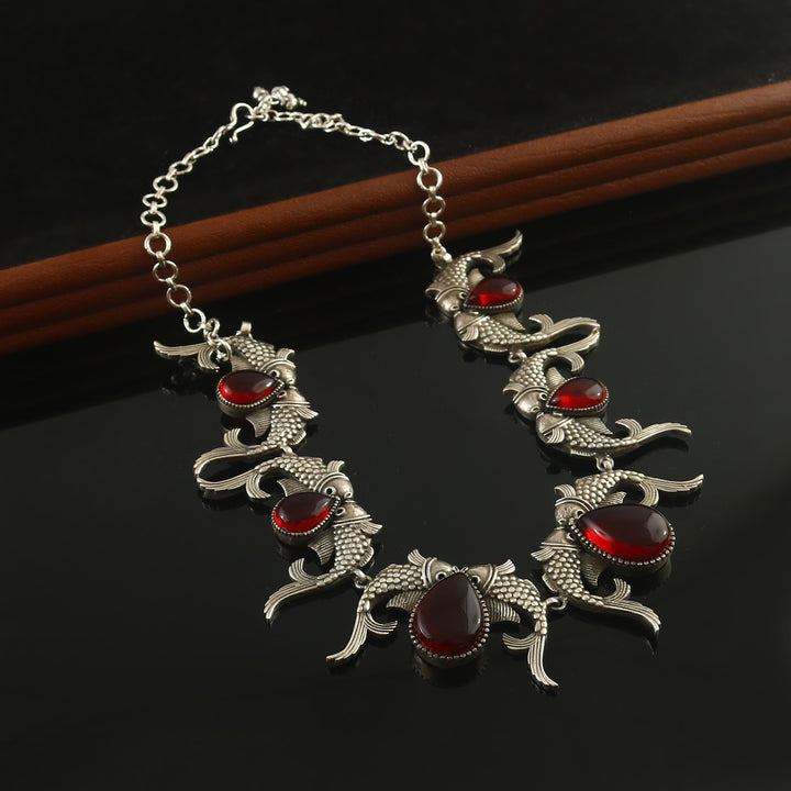 Silver Oxidized Fish Choker Necklace