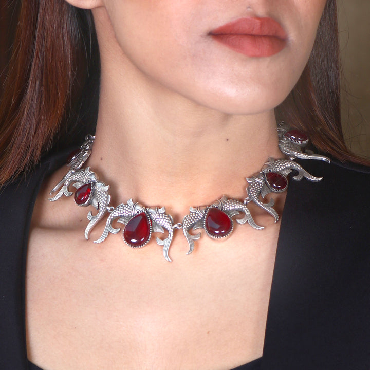 Silver Oxidized Fish Choker Necklace