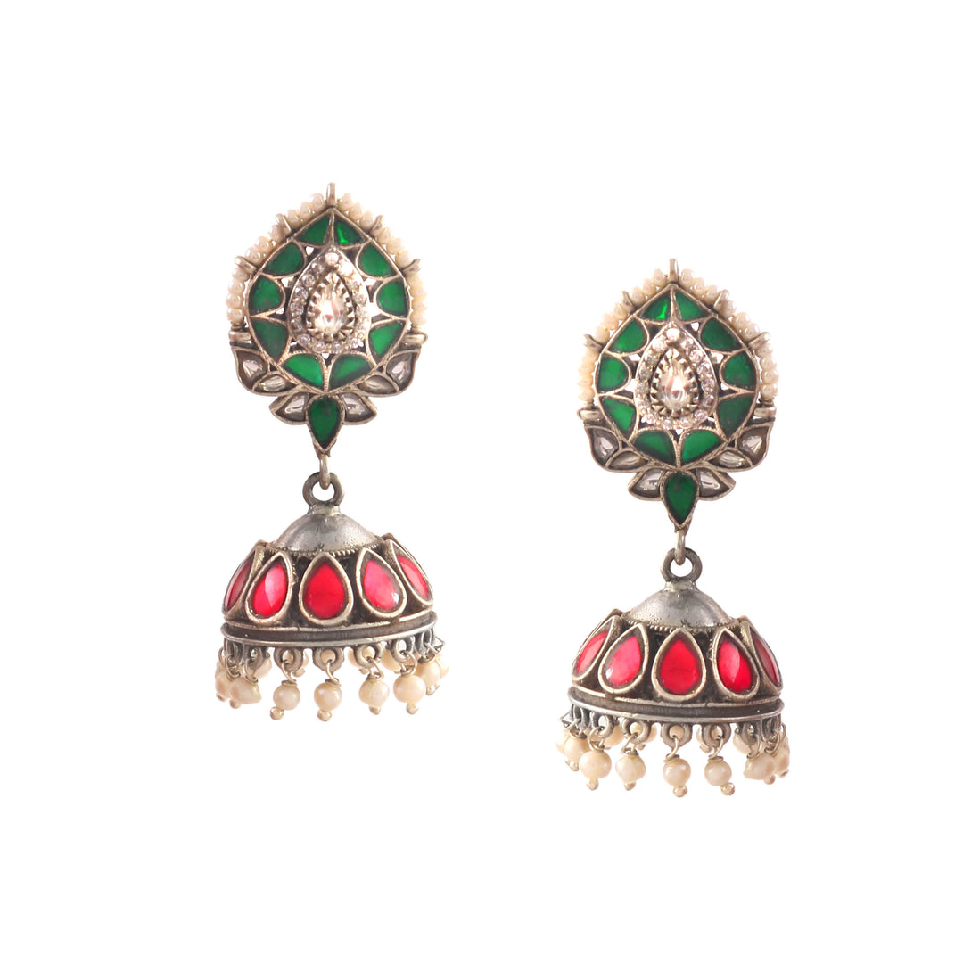Silver Pink & Green Teardrop Jhumki Earrings