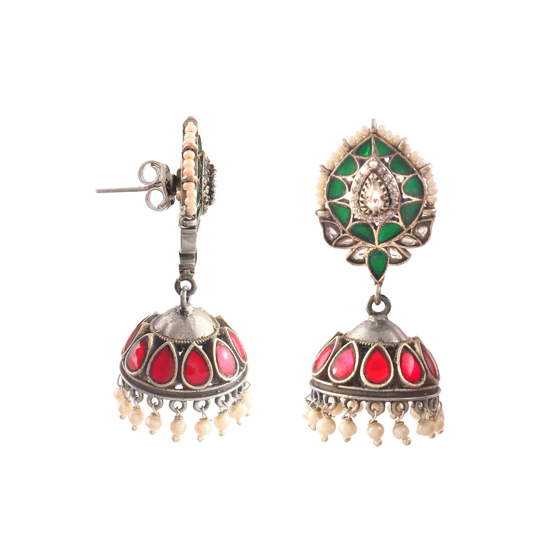 Silver Pink & Green Teardrop Jhumki Earrings